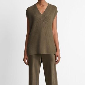 Vince Ribbed Wool-Cashmere V-Neck Sweater Vest Olive Green “Vine” | Size XS